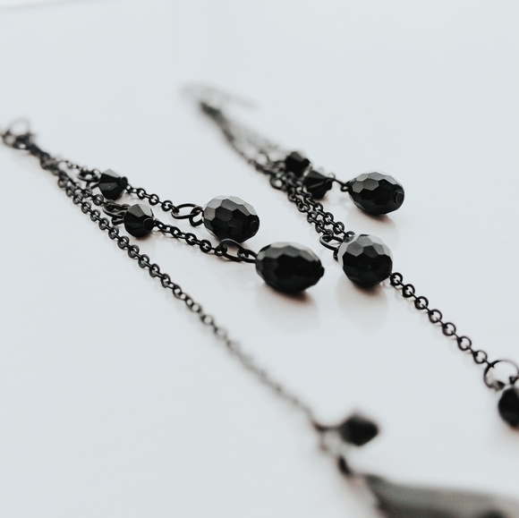Black Glass Bead Triple-Chain Drop Earrings – Extra Long, Elegant, Formal - Picture 2 of 5